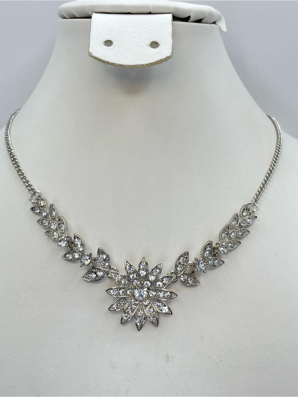 Silver Clear Crystal Floral Statement Necklace Vintage Glam Elegant